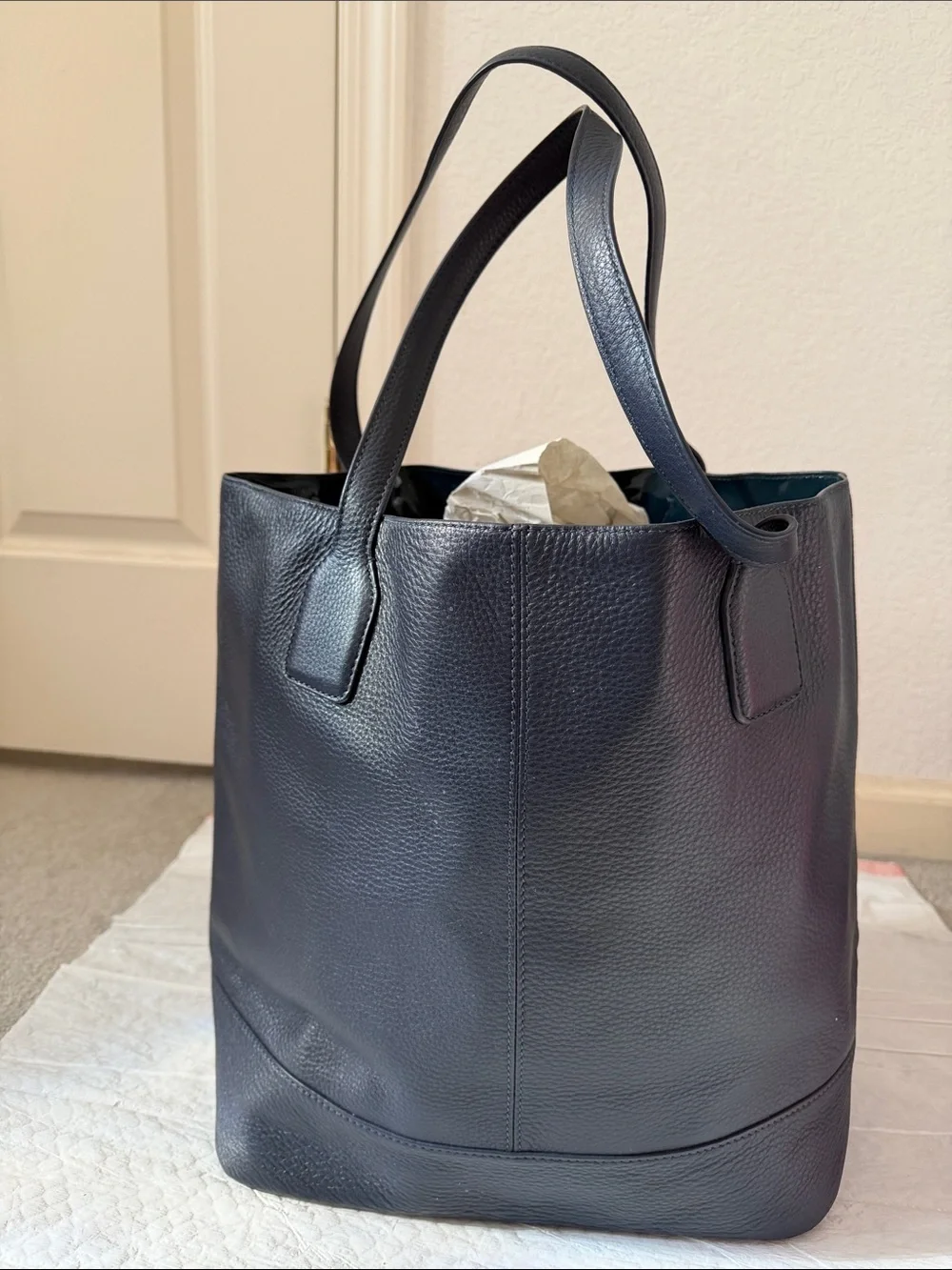 Tory Burch Navy Shoulder Tote with Gold Emblem